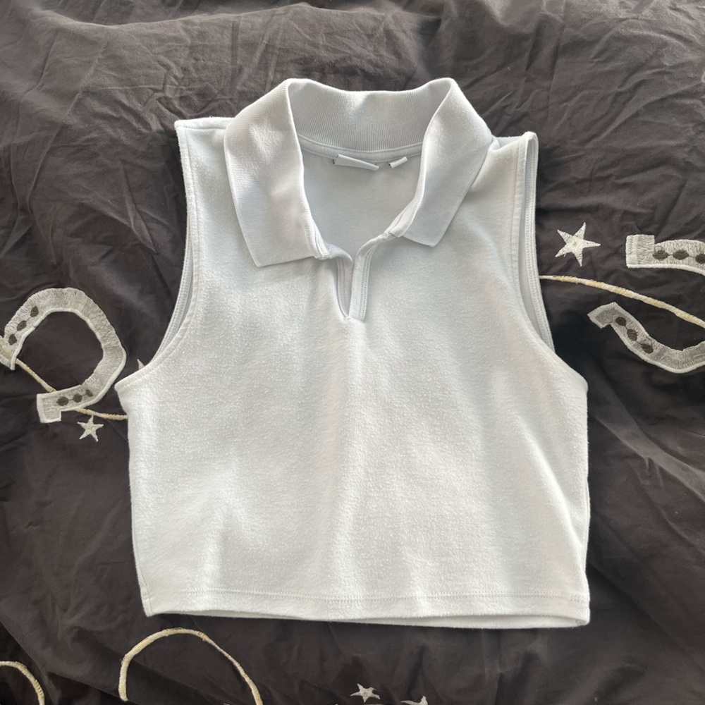 Sunday best light blue tinted white collared crop tank top